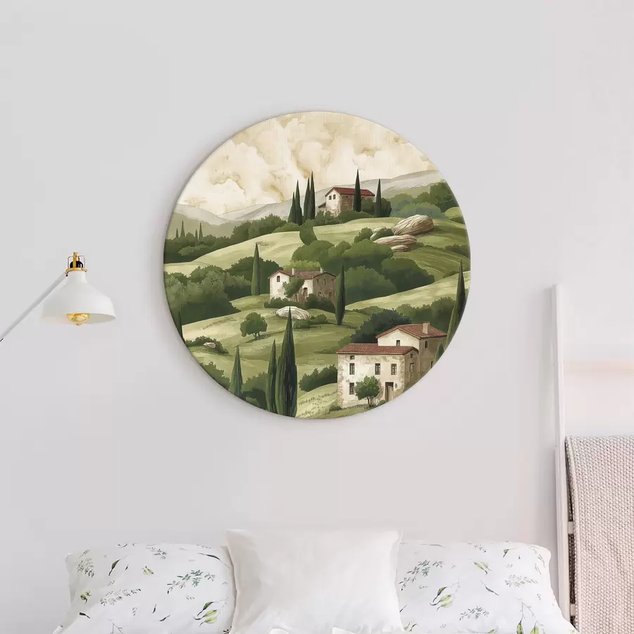  Schilderijen Landschap met vintage huizen, pastelgroene kleuren, acryltekening, rustiek r40080