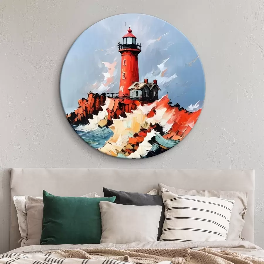  Schilderijen Schilderij van een rode vuurtoren die hoog op een rotsachtige klif staat, omringd door beukende golven en een stormachtige lucht r39392