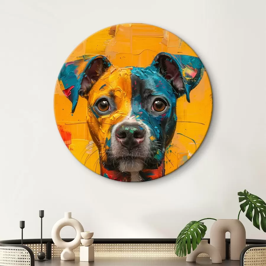  Peintures Portrait d'un Pitbull avec des coups de pinceau à huile jaune et bleu r39722