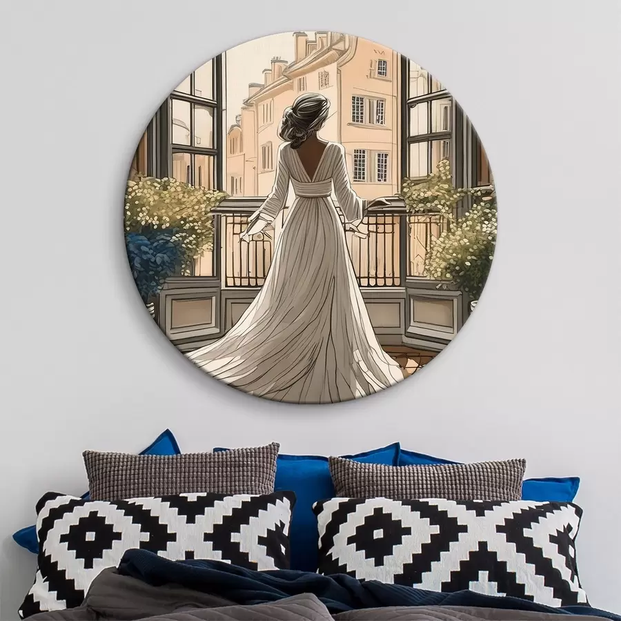  Schilderijen silhouet van een meisje in een witte jurk bij een groot raam r39480