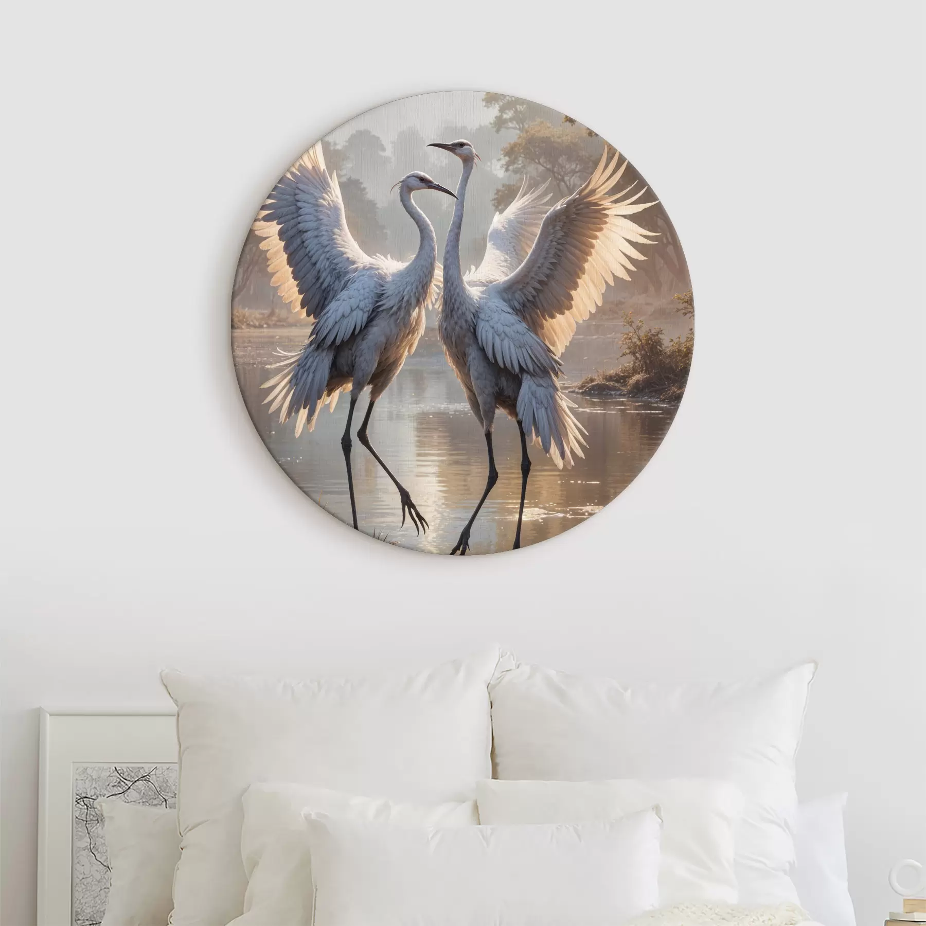  Schilderijen Twee grote grijze kraanvogels met lange nekken en gespreide vleugels staan in een mistig meer omgeven door bomen r40404