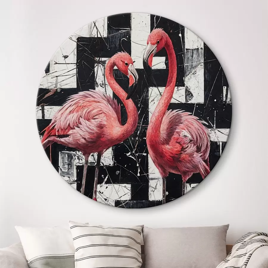  Schilderijen Twee roze flamingo's staan voor een zwart-wit abstract schilderij als achtergrond r38954