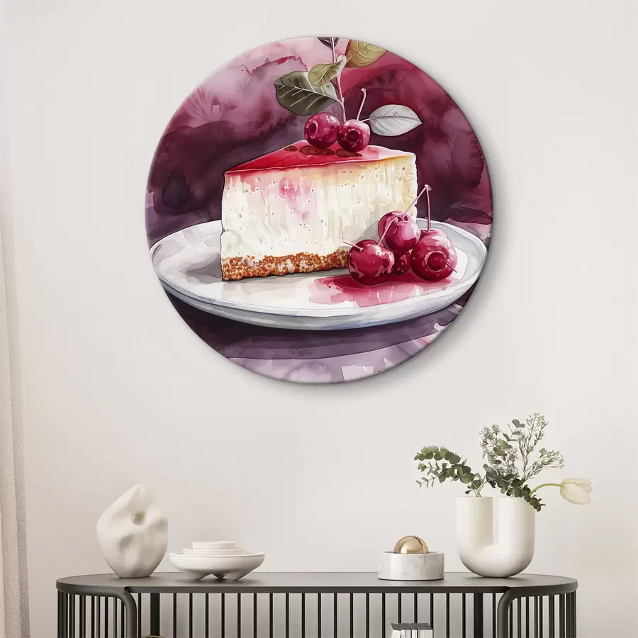  Schilderijen Waterverfcheesecake met kersen, elegante voedselkunst, rode en paarse kleuren r39700