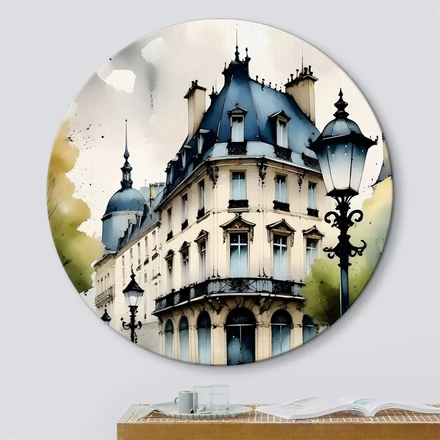  Schilderijen Waterverfschilderij van een historisch gebouw met een gebogen gevel en decoratieve architectonische elementen r38975