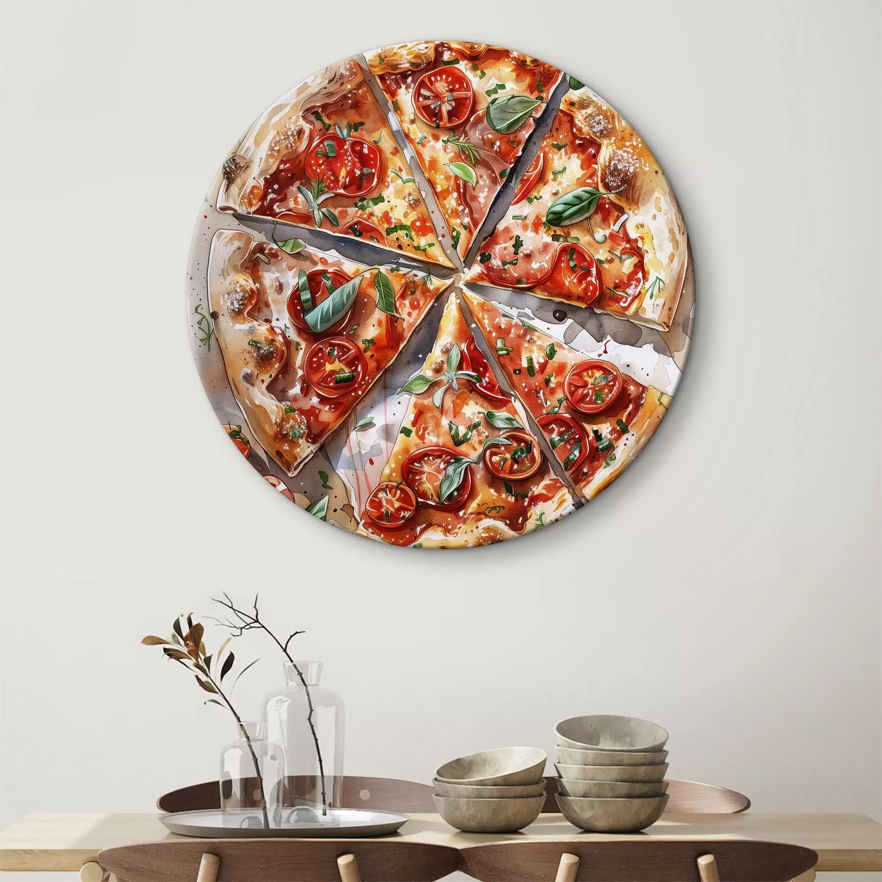  Schilderijen Waterverfpizza, heerlijk, tomaten en kaas, voedselkunst, houten tafel r39704