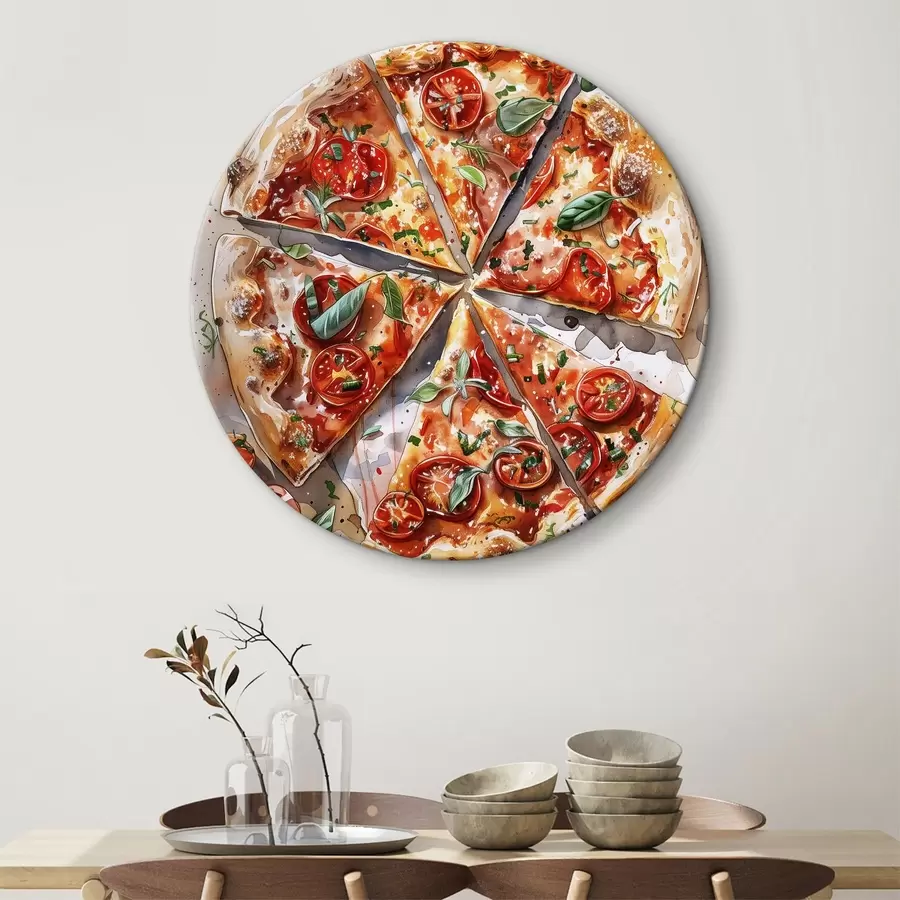  Schilderijen Waterverfpizza, heerlijk, tomaten en kaas, voedselkunst, houten tafel r39704