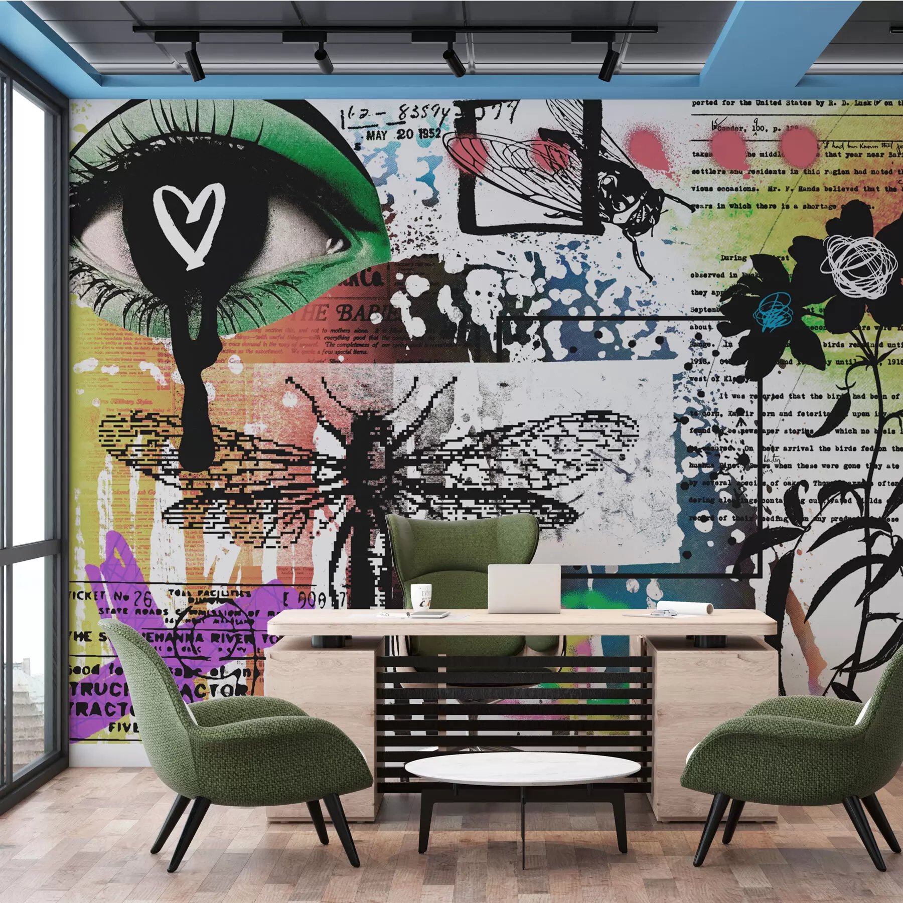 Fotobehang Graffiti-achtige inscripties, bloemen, figuren w02255