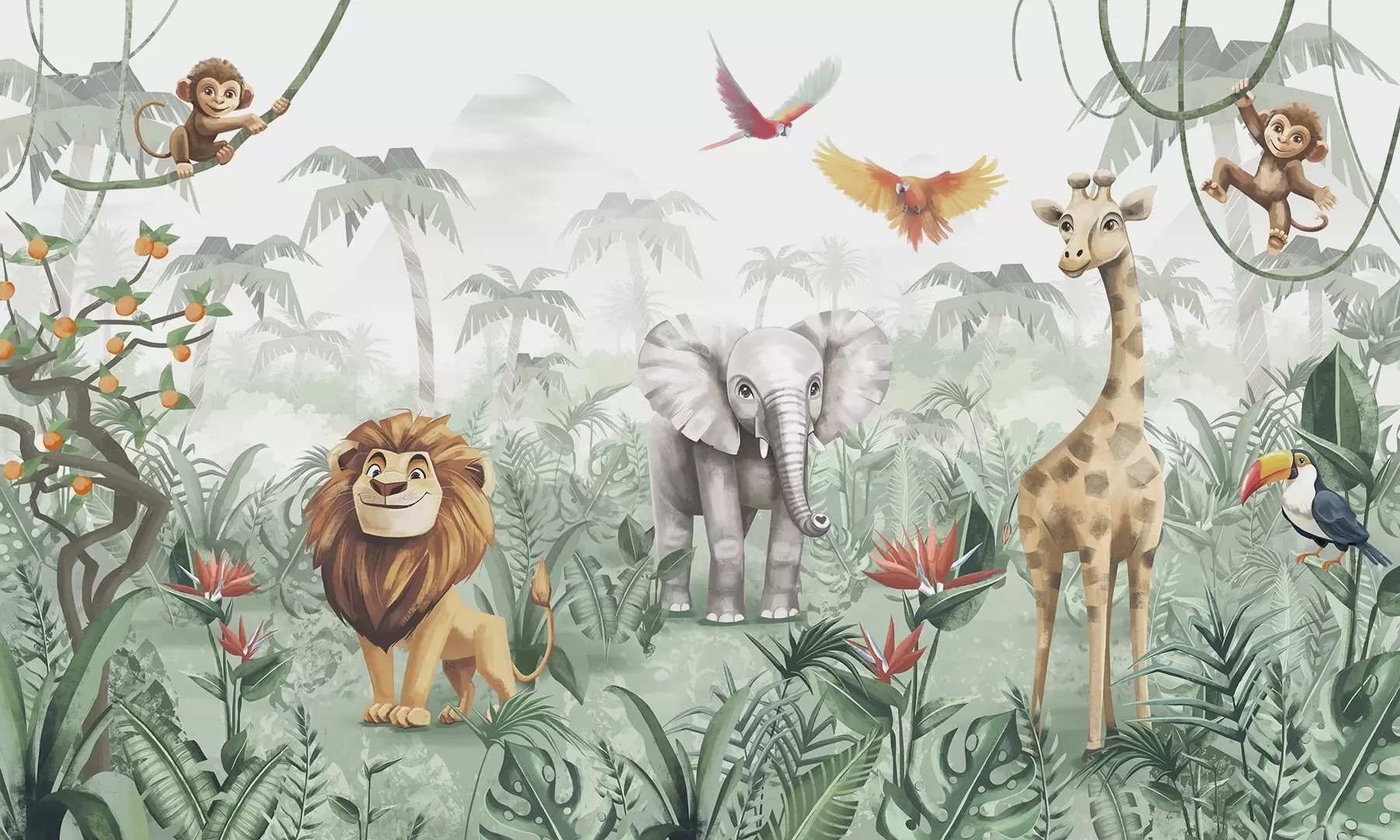 Fotobehang Jungleontwerp voor kinderen met leeuw, giraffe, olifant en papegaaien w02440