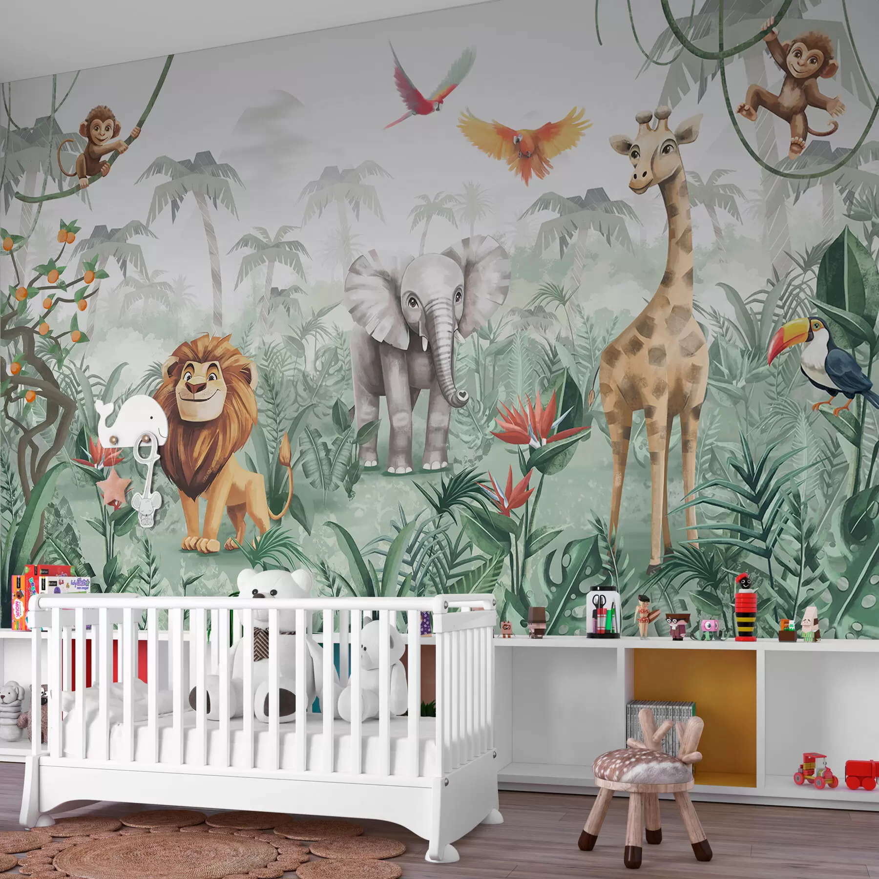 Papier peint photo Motif de jungle pour enfants avec lion, girafe, éléphant et perroquets w02440