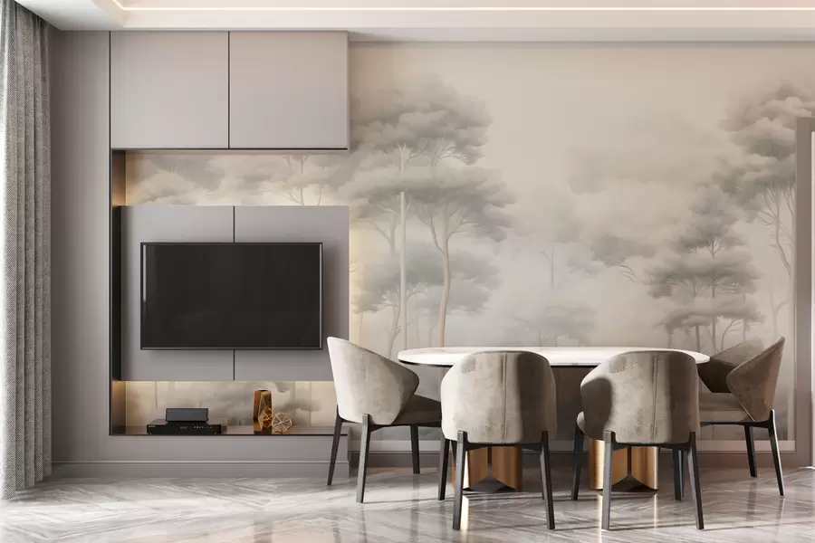 Fotobehang Fijn mistig bos met losse kronen w02448