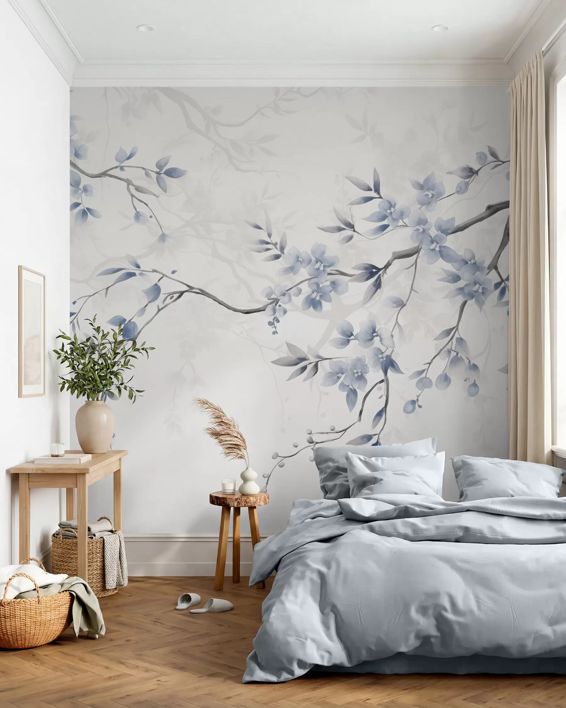 Papier peint photo Branches tendance avec fleurs et feuilles w02449