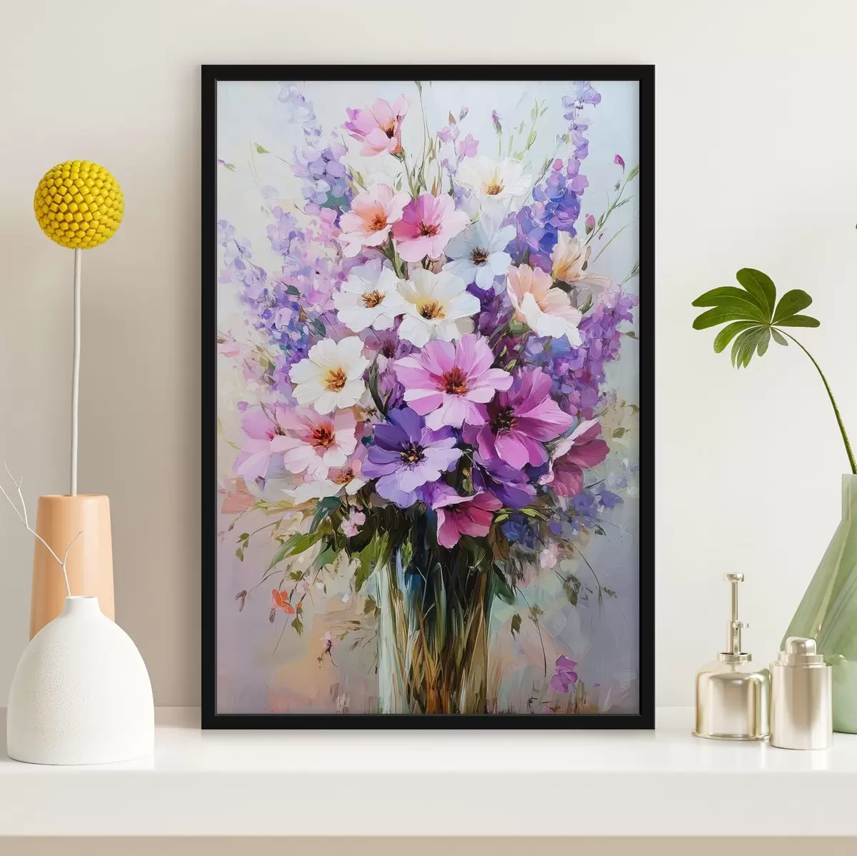 Poster paarse en witte bloemen in een vaas f41999