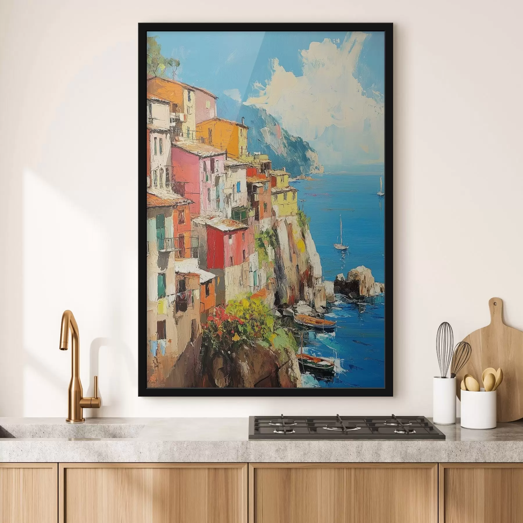 Fotobehang Italiaanse stad aan zee in de stijl van olieverf f42002