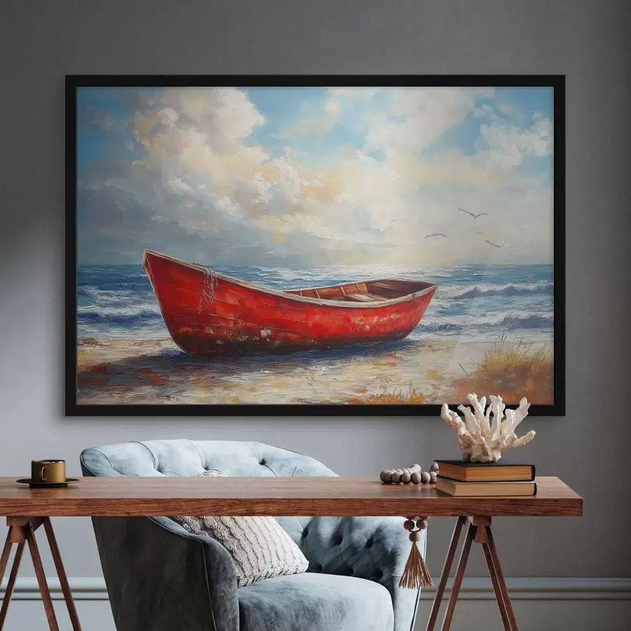 Papier peint photo bateau rouge au bord de la mer, peinture à l'huile f42009