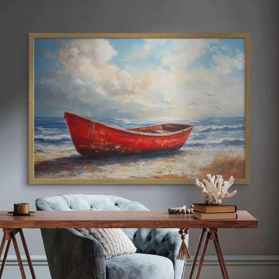 Fotobehang rode boot aan zee in olieverfstijl f42009