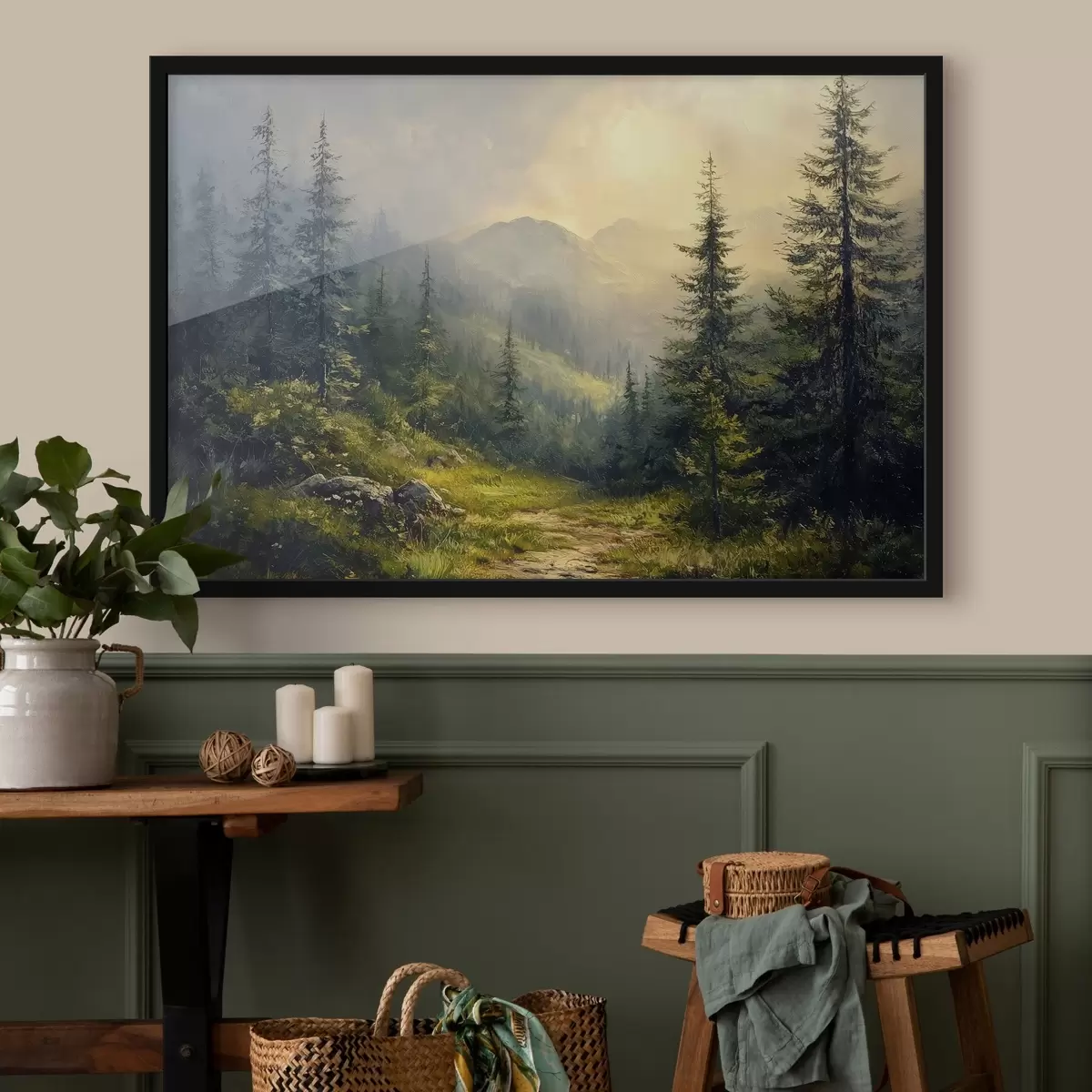 Affiche les montagnes dans le brouillard et les arbres f42019