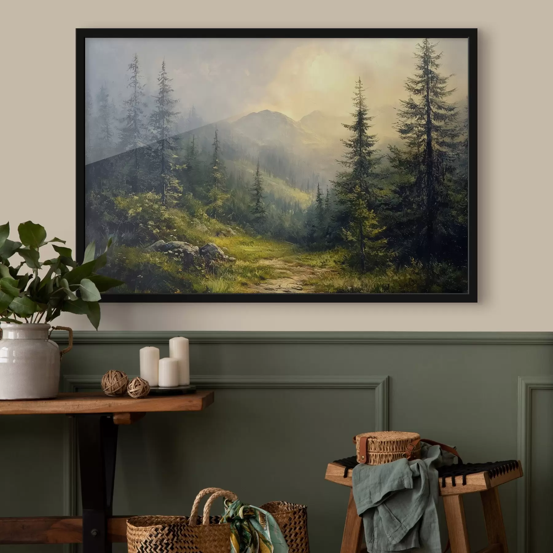 Fotobehang bergen in de mist en bomen f42019