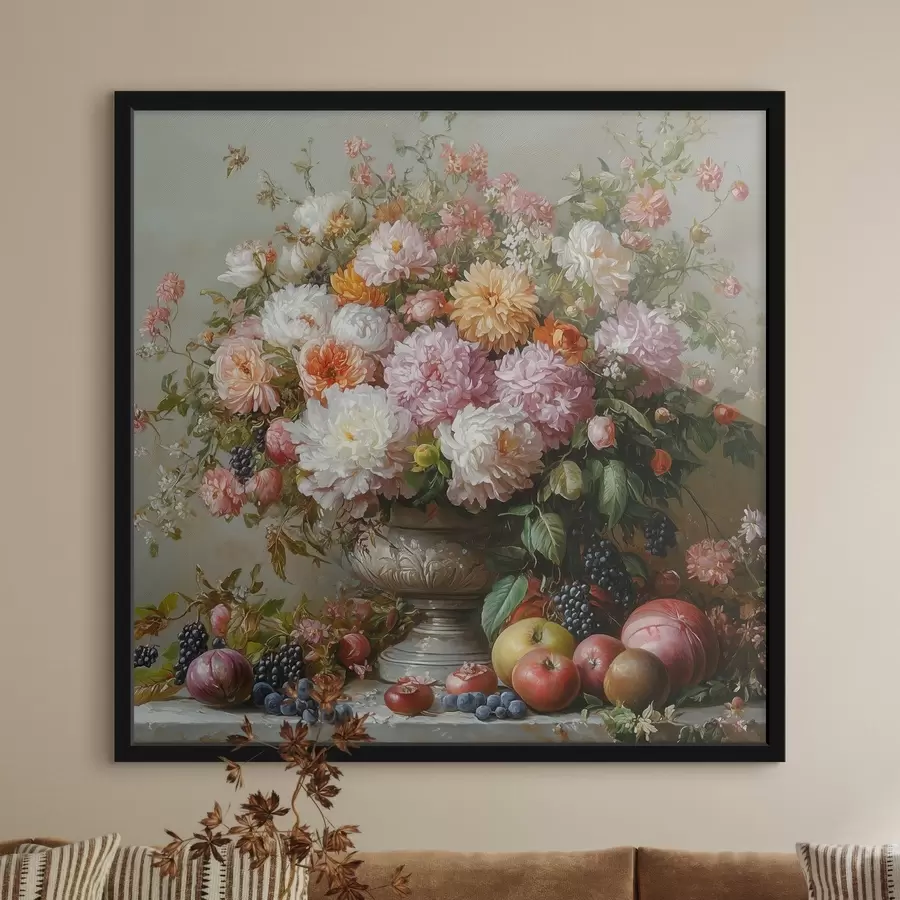 Papier peint photo fleurs dans un vase et fruits f42021
