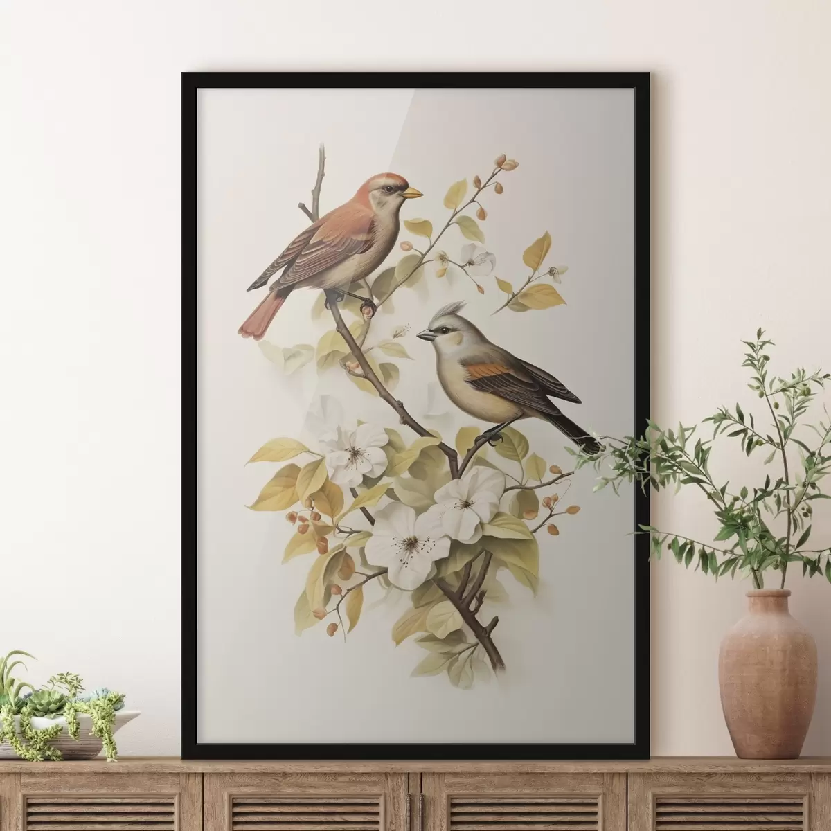 Poster Vogels op een tak vintage stijl f42035