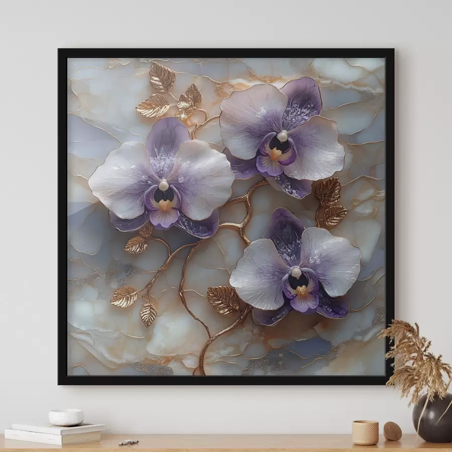 Fotobehang Luxe orchideeën op een gestructureerde marmeren achtergrond f41984