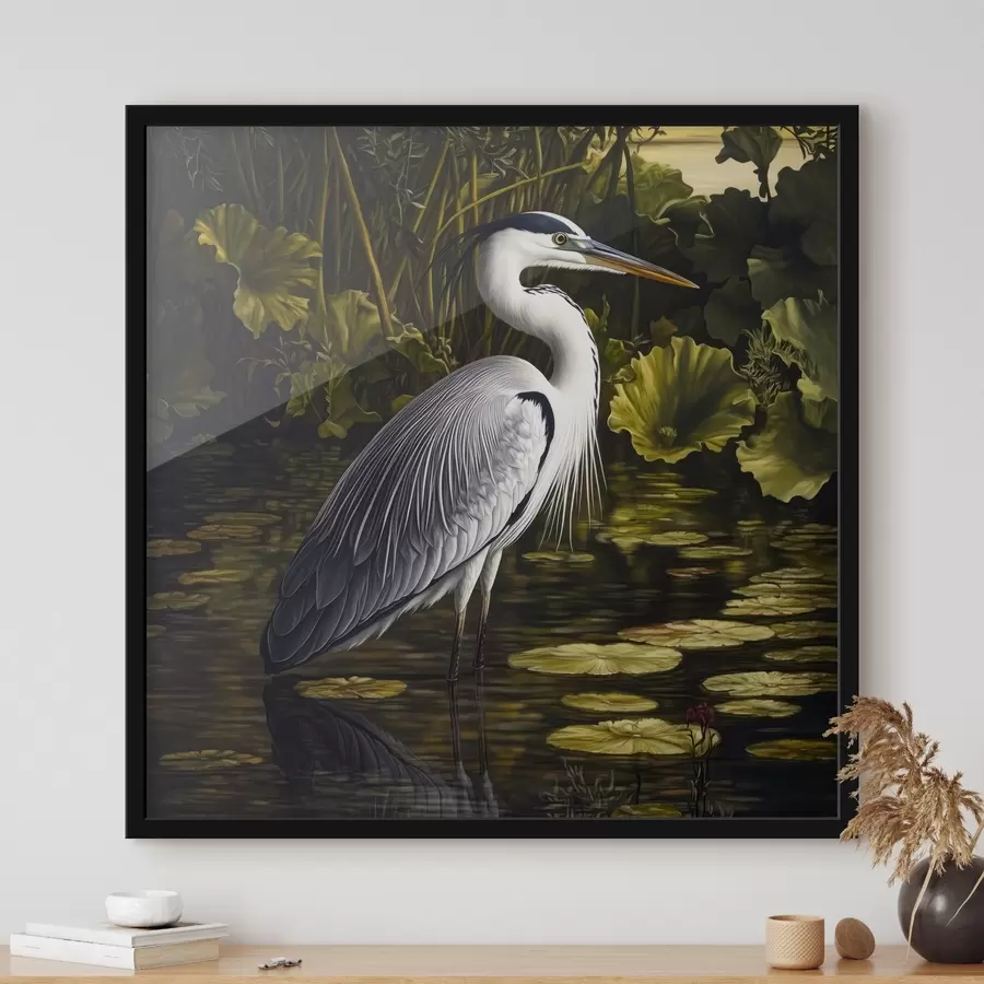 Fotobehang Een reiger in het water tegen een moerasachtergrond f42039