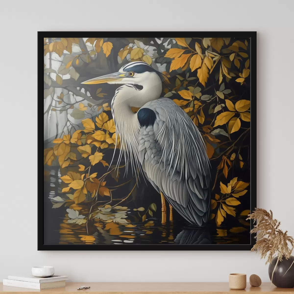 Affiche Héron dans l'eau sur fond de feuilles d'automne f42041