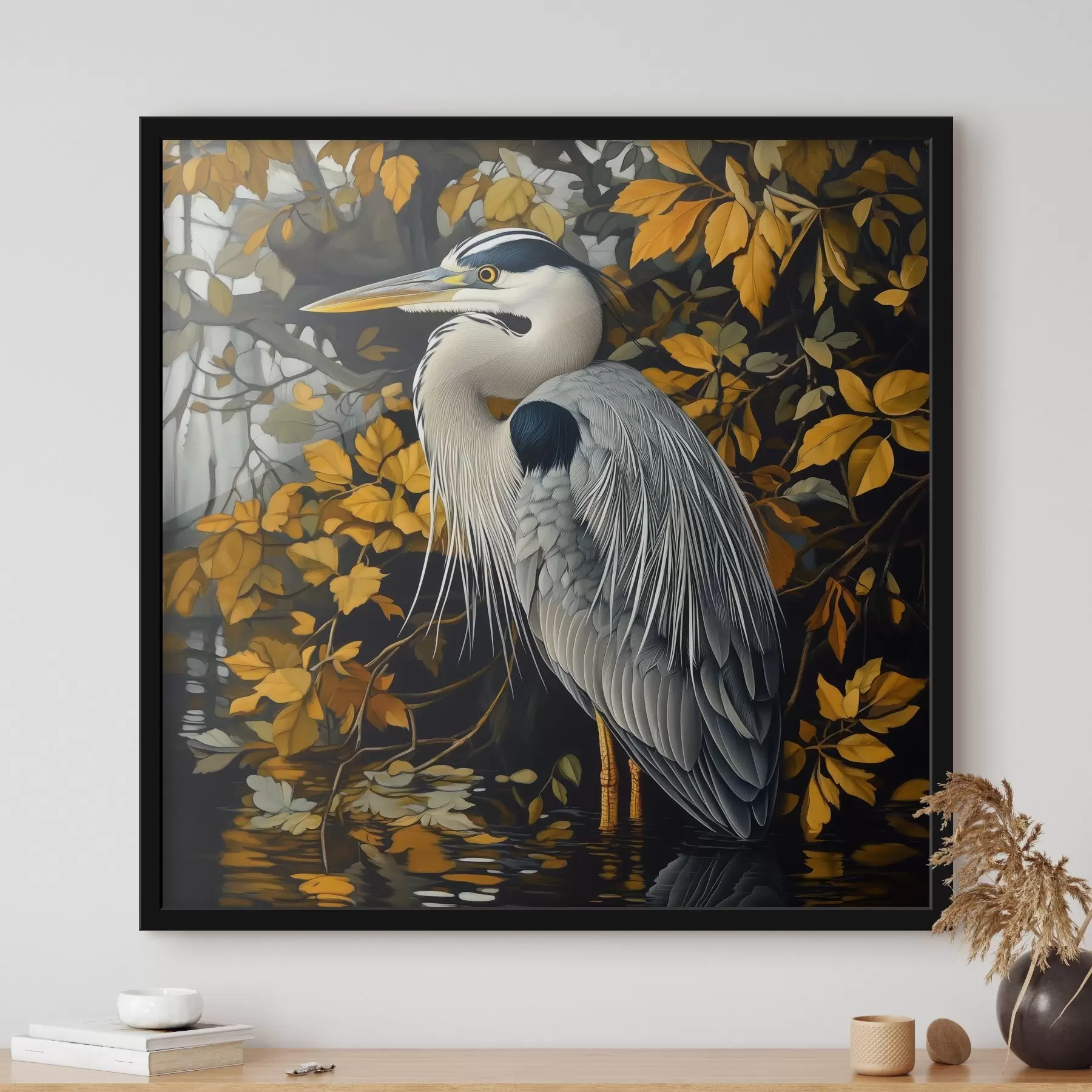  Peintures Héron dans l'eau sur fond de feuilles d'automne f42041