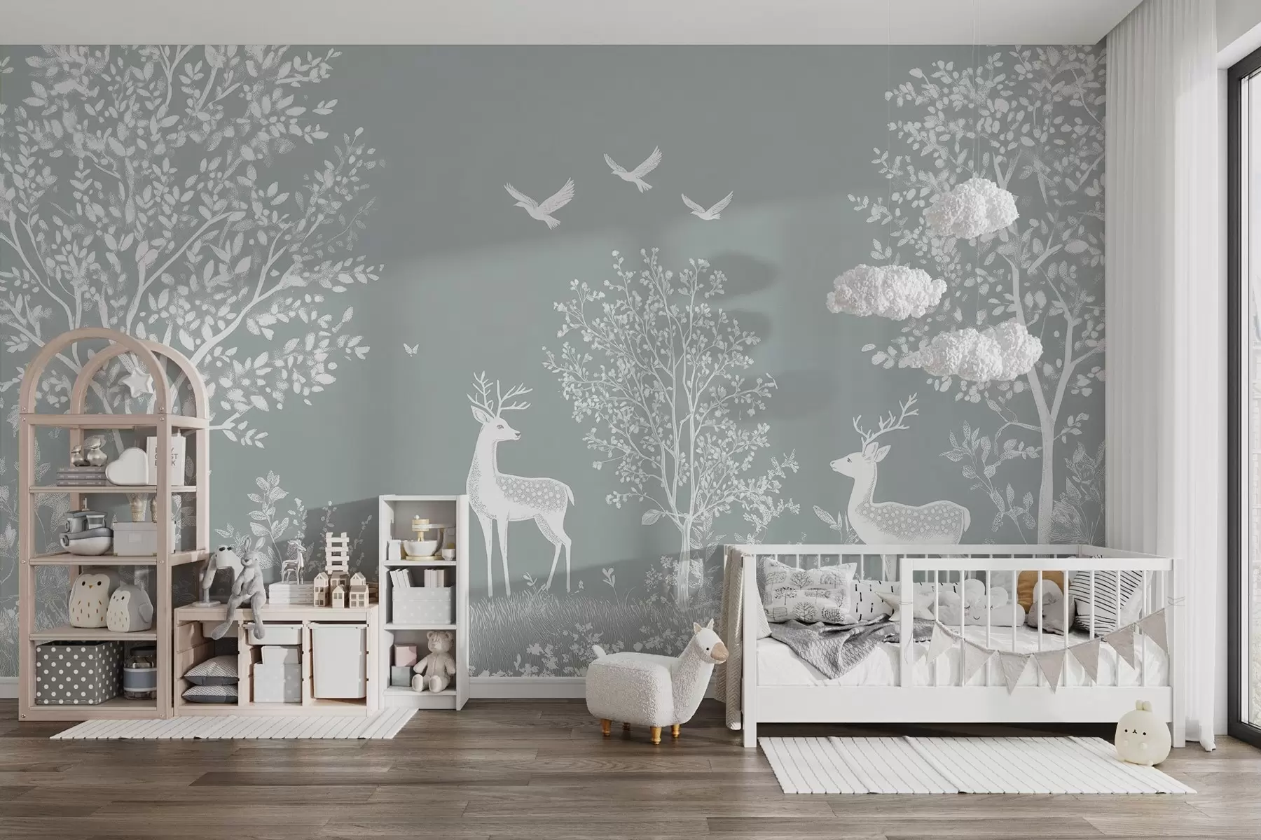 Fotobehang bos met herten in de stijl van een krijttekening op een grijze achtergrond w02444v2