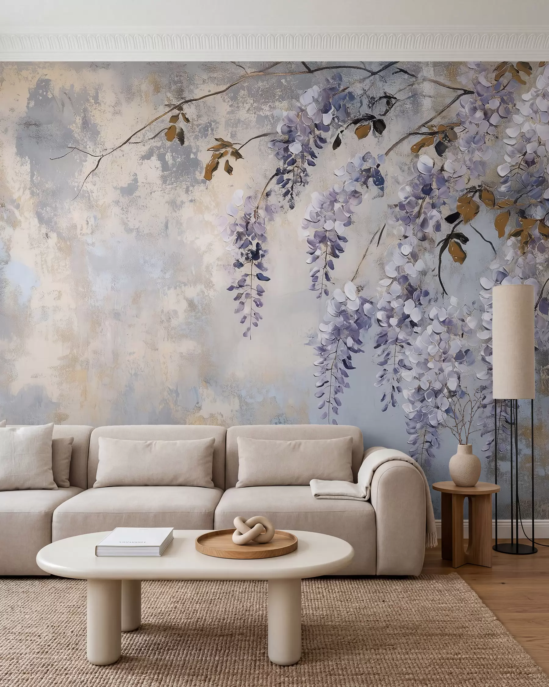 Fotobehang behang met textuur in zachte, gedempte kleuren met delicate blauwe regen bloemen en takken w02451