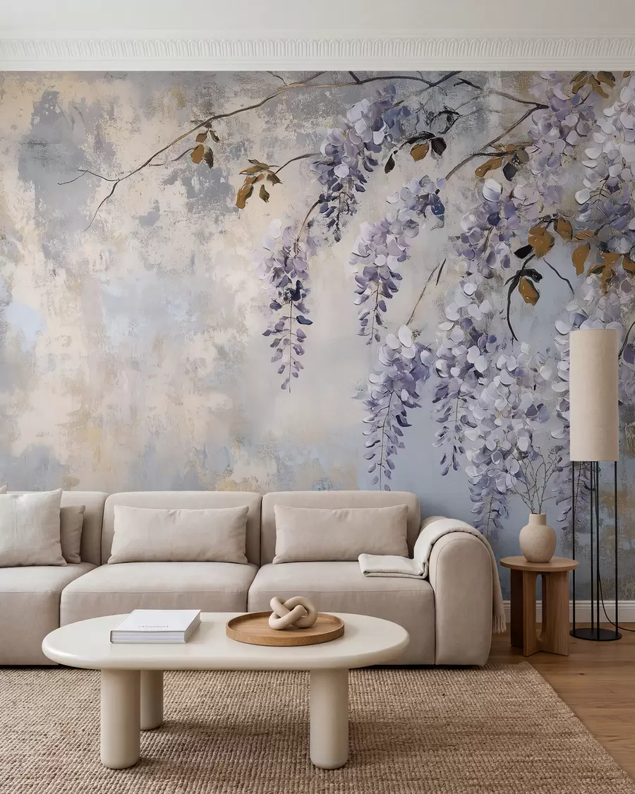 Fotobehang behang met textuur in zachte, gedempte kleuren met delicate blauwe regen bloemen en takken w02451