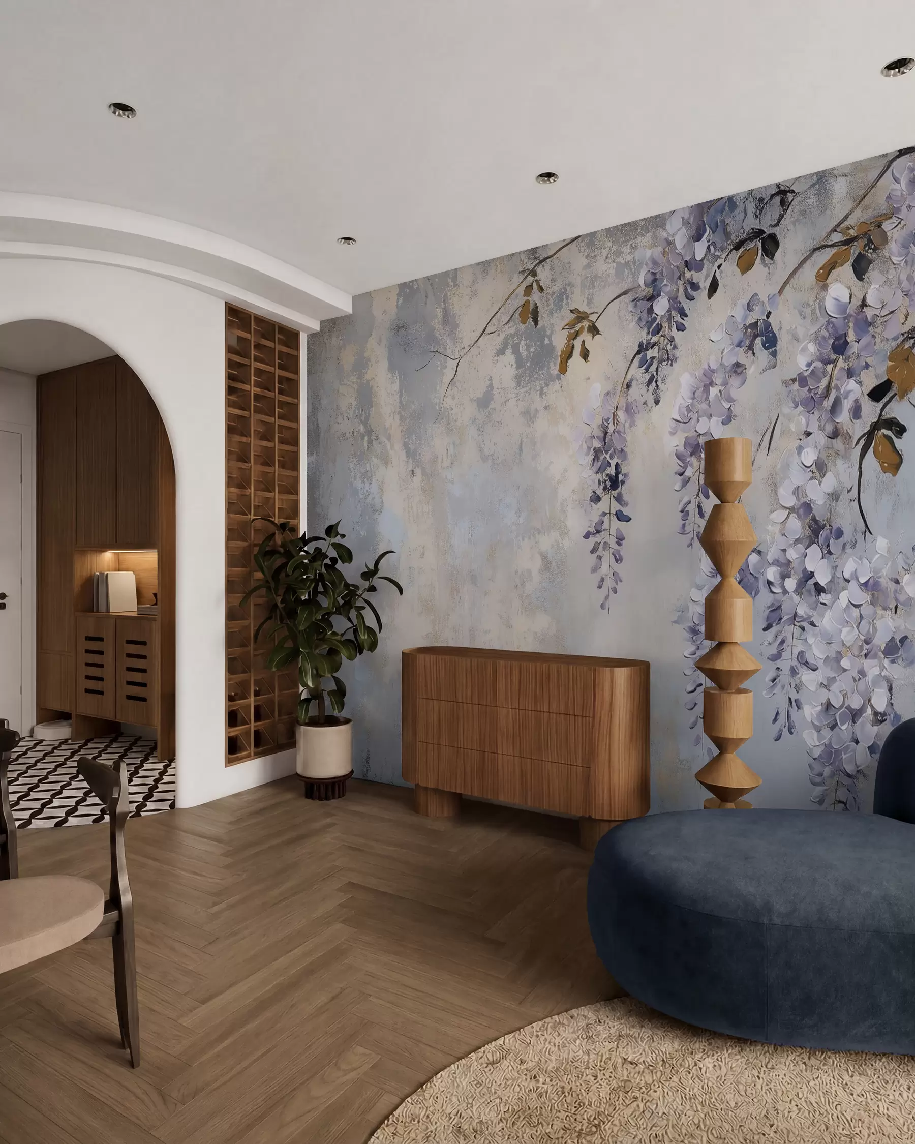 Fotobehang behang met textuur in zachte, gedempte kleuren met delicate blauwe regen bloemen en takken w02451