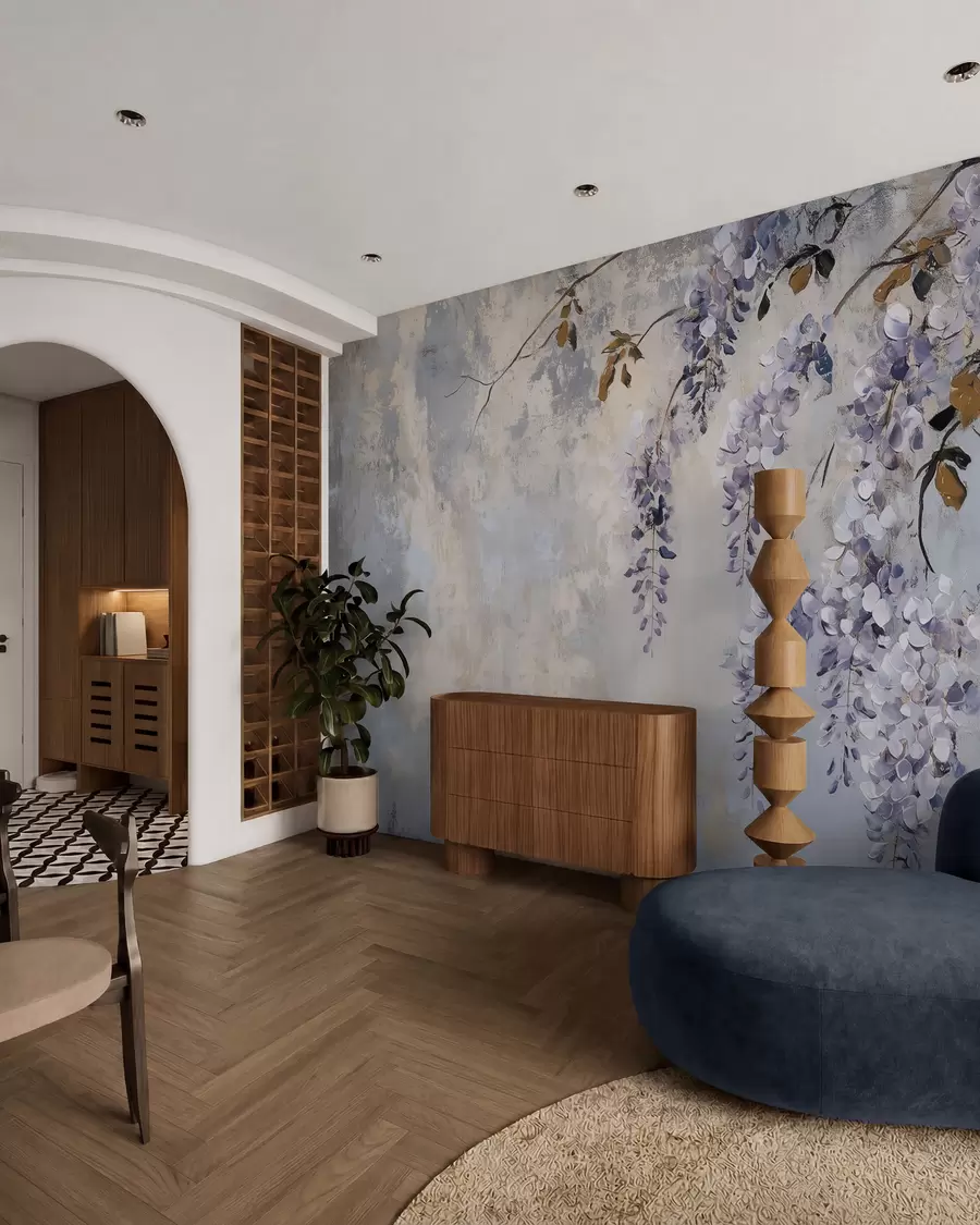 Fotobehang behang met textuur in zachte, gedempte kleuren met delicate blauwe regen bloemen en takken w02451