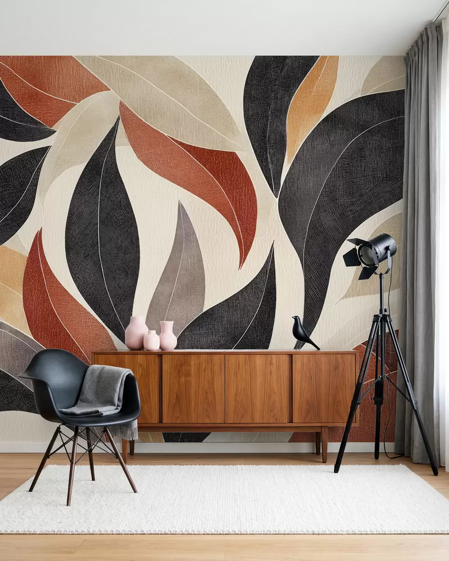 Fotobehang abstracte bladeren in een palet van aardetinten - beige, terracotta en donkergrijs w02452