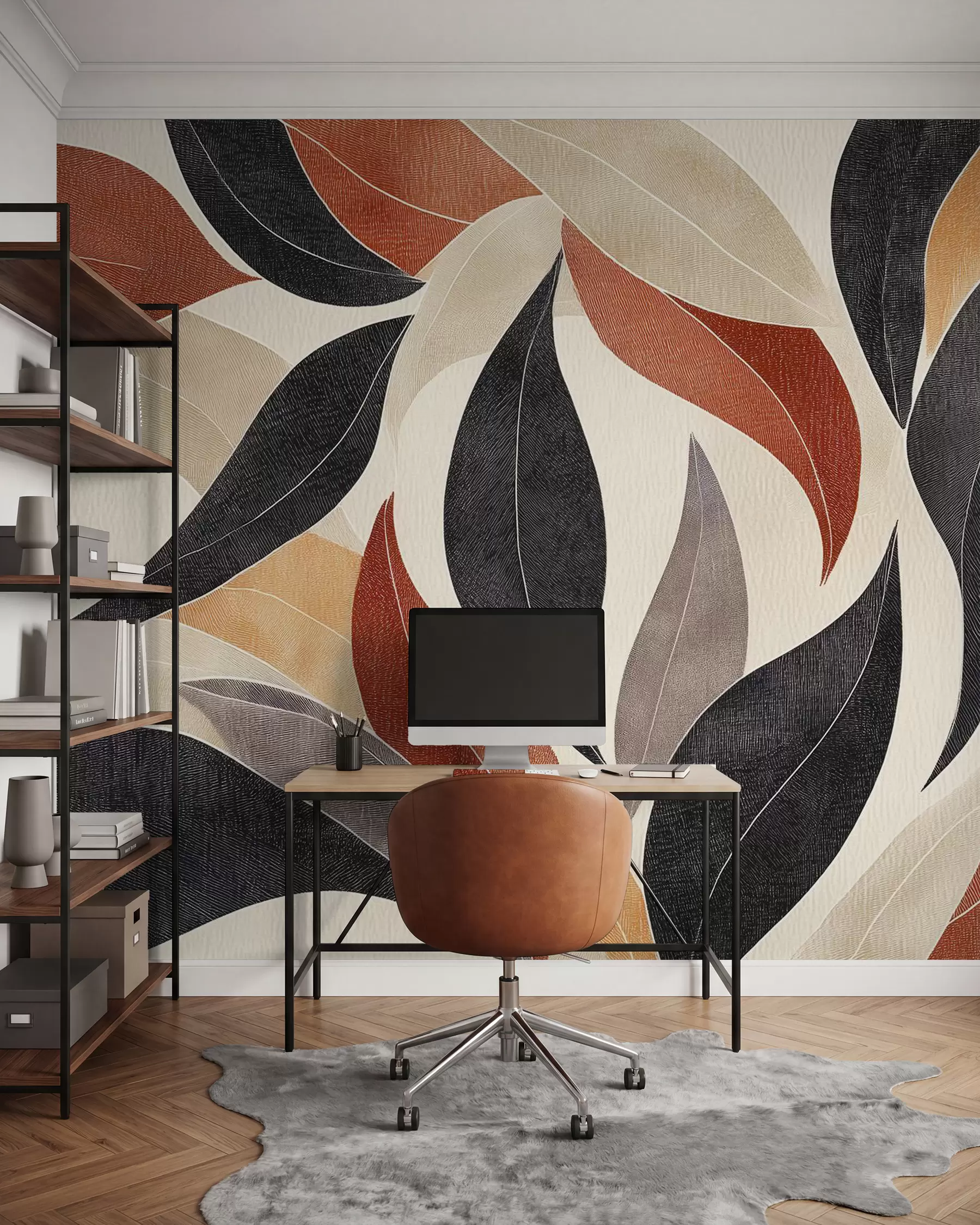 Fotobehang abstracte bladeren in een palet van aardetinten - beige, terracotta en donkergrijs w02452