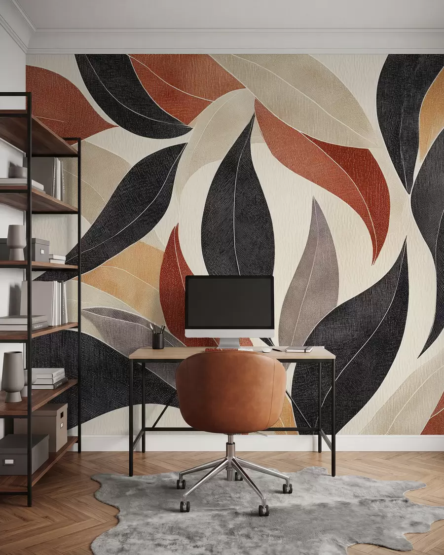 Fotobehang abstracte bladeren in een palet van aardetinten - beige, terracotta en donkergrijs w02452