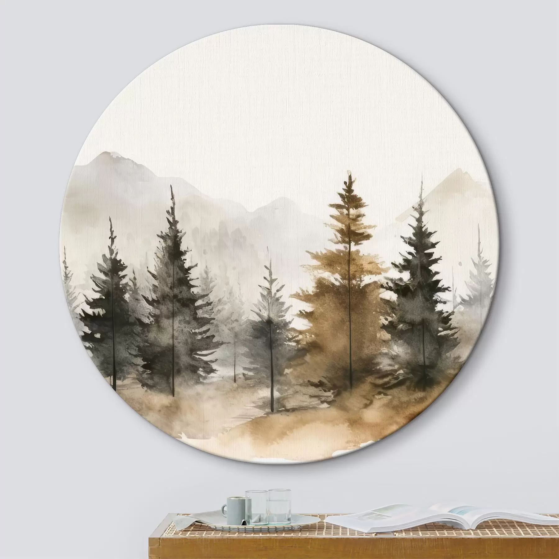  Schilderijen Aquarel dennenbomen op de achtergrond van bergen r36010