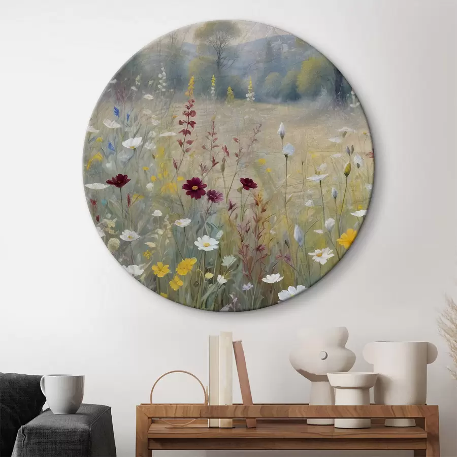  Peintures Une prairie colorée avec des fleurs sauvages avec une forêt floue en arrière-plan r38368