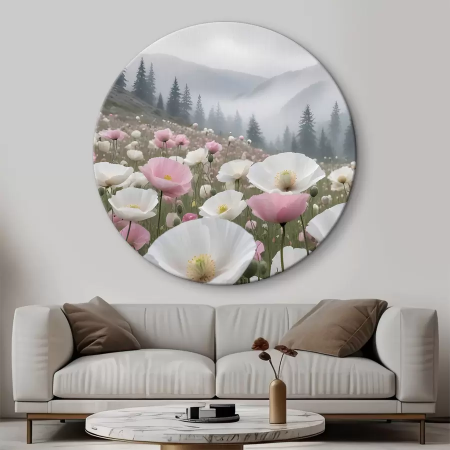  Peintures Un champ de coquelicots roses et blancs dans le paysage de montagne en arrière-plan r38369