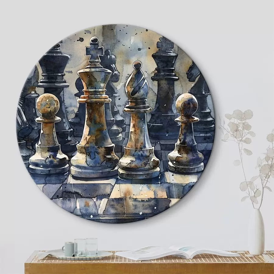  Schilderijen Close-up van een aquarelschilderij van een schaakspel gemaakt van metaal of steen, met gedetailleerde ontwerpen en texturen r38960