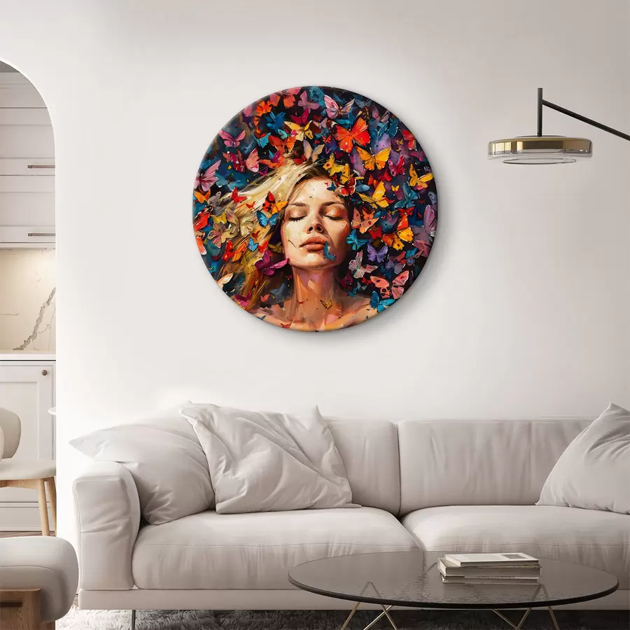  Schilderijen Olieverfschilderij van een jonge vrouw omringd door een zwerm kleurrijke vlinders tegen een donkere achtergrond r38972