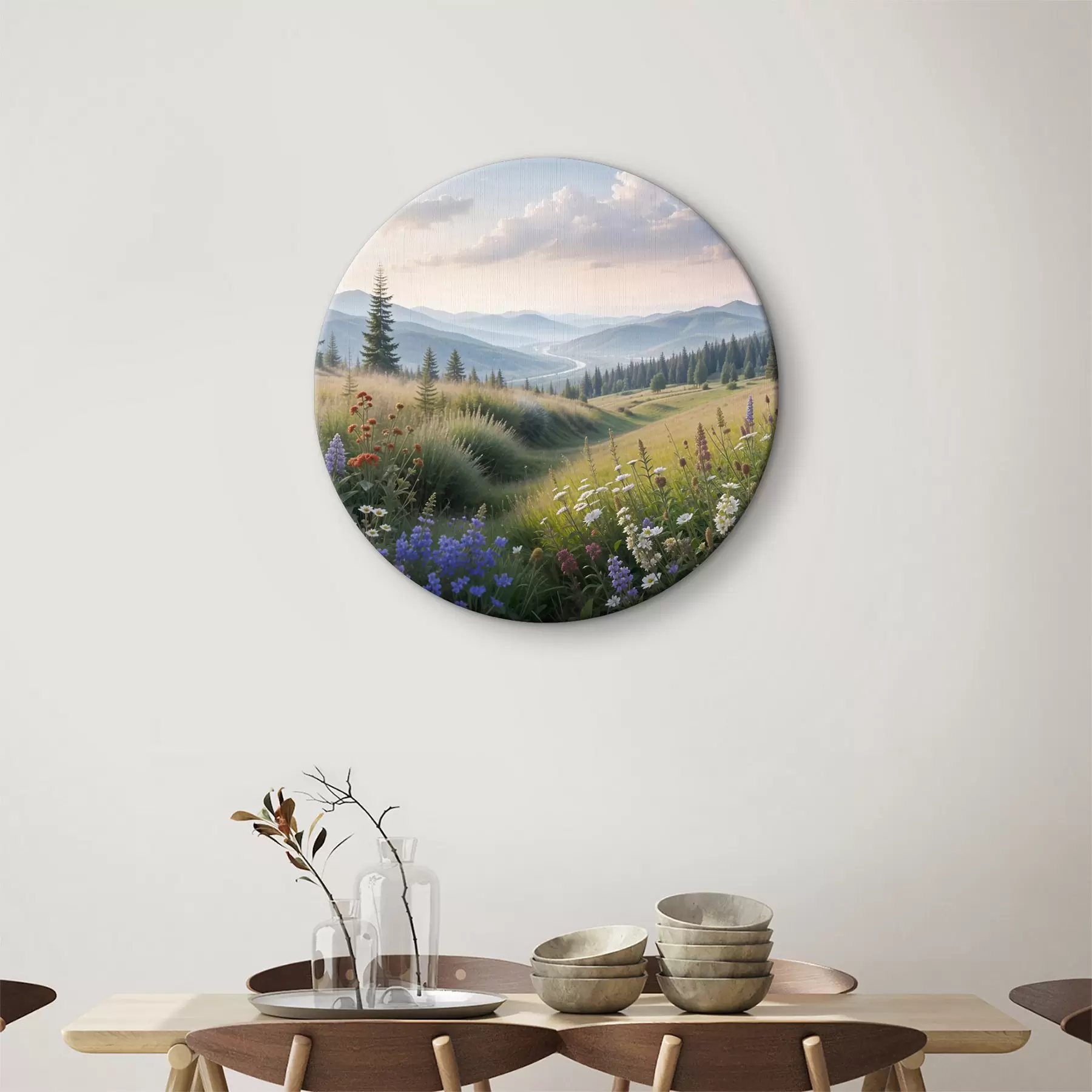  Peintures Paysage de montagne avec une prairie herbeuse au premier plan remplie de fleurs sauvages colorées r39382