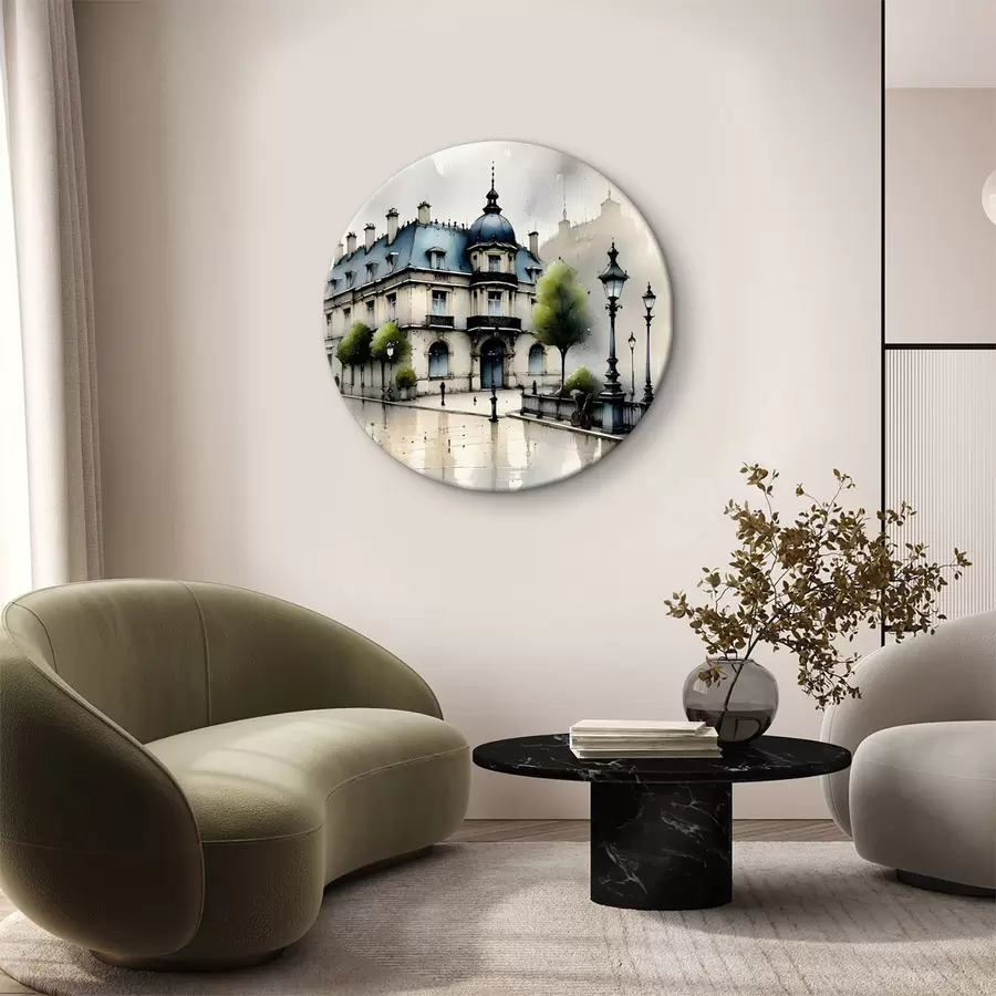  Schilderijen Een groots gebouw met aquarelkunst omringd door lantaarnpalen en bomen, op een regenachtige dag r39391