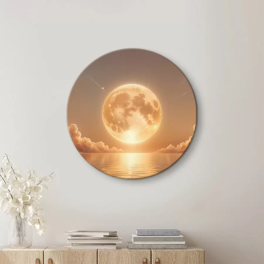  Schilderijen Een grote, heldere volle maan die bij zonsondergang opkomt boven een kalme, reflecterende oceaan r39403