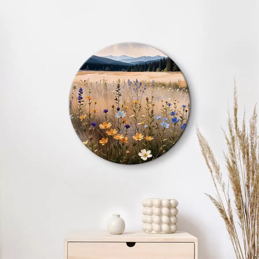  Schilderijen Een veld met kleurrijke wilde bloemen op de voorgrond, met een meer en bergen op de achtergrond r39502