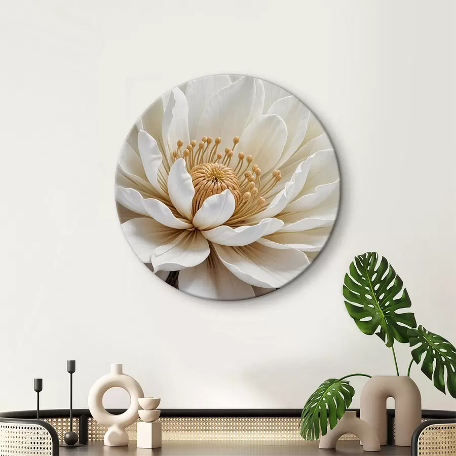  Peintures Gros plan d'une grande fleur de dahlia blanche aux pétales délicats et au centre jaune vif r39508