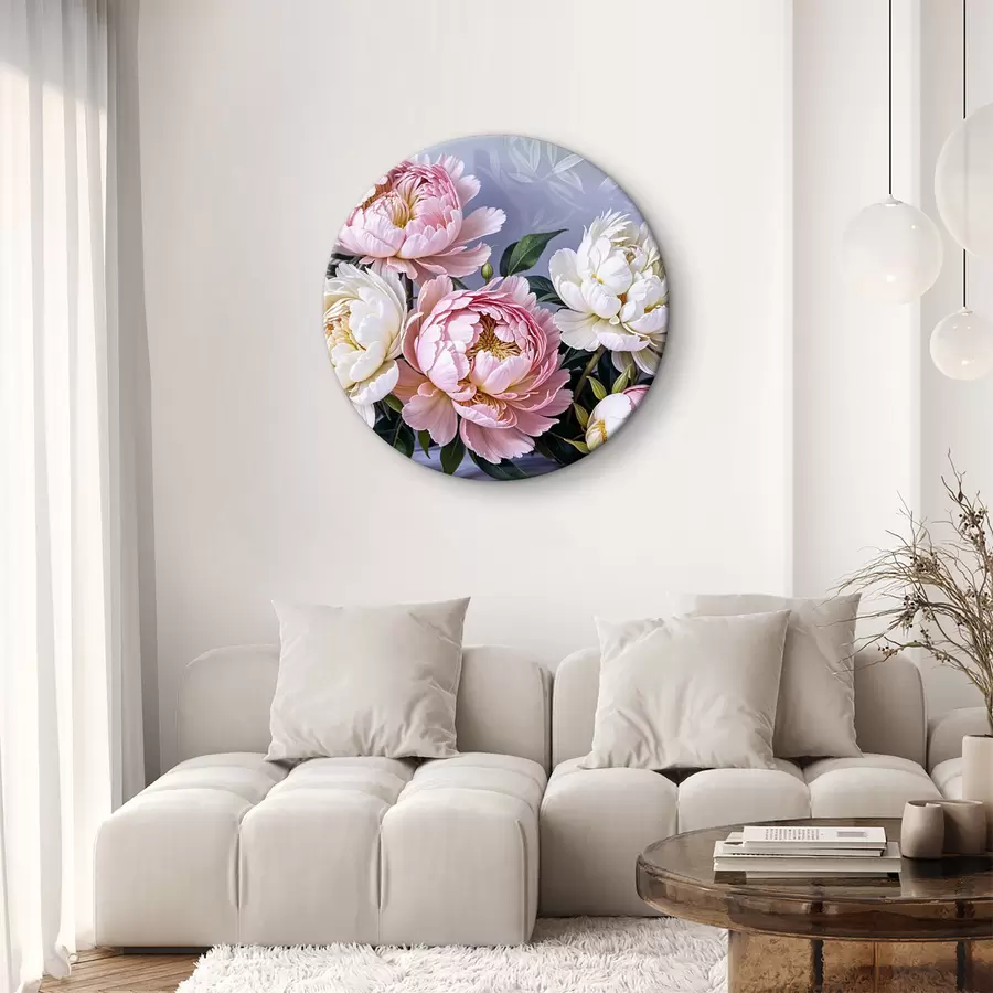  Peintures Un bouquet de grandes fleurs de pivoines roses et blanches luxuriantes avec des feuilles vertes sur un arrière-plan doux et flou r39514