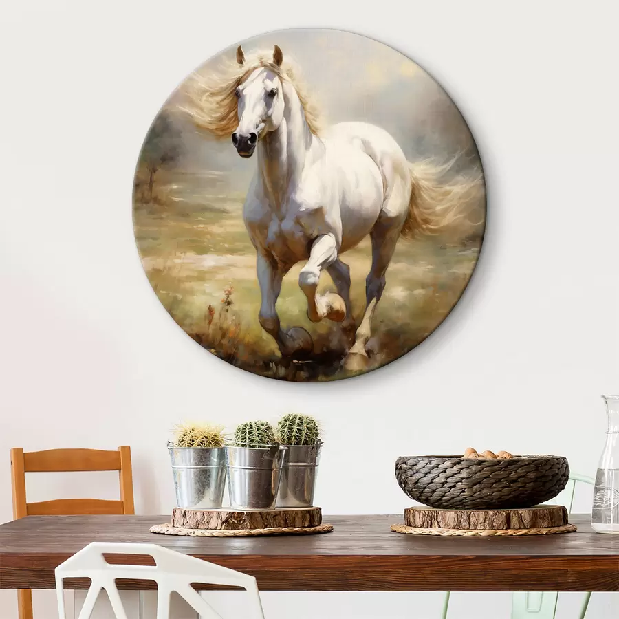  Schilderijen Wit paard dat over het olieverfschilderij van de weide galoppeert r39818