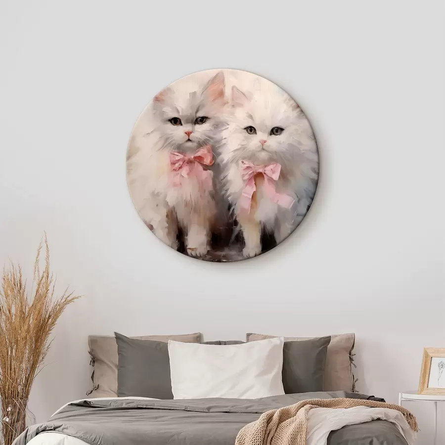  Schilderijen Witte katten met roze strikken olieverfschilderij r39826