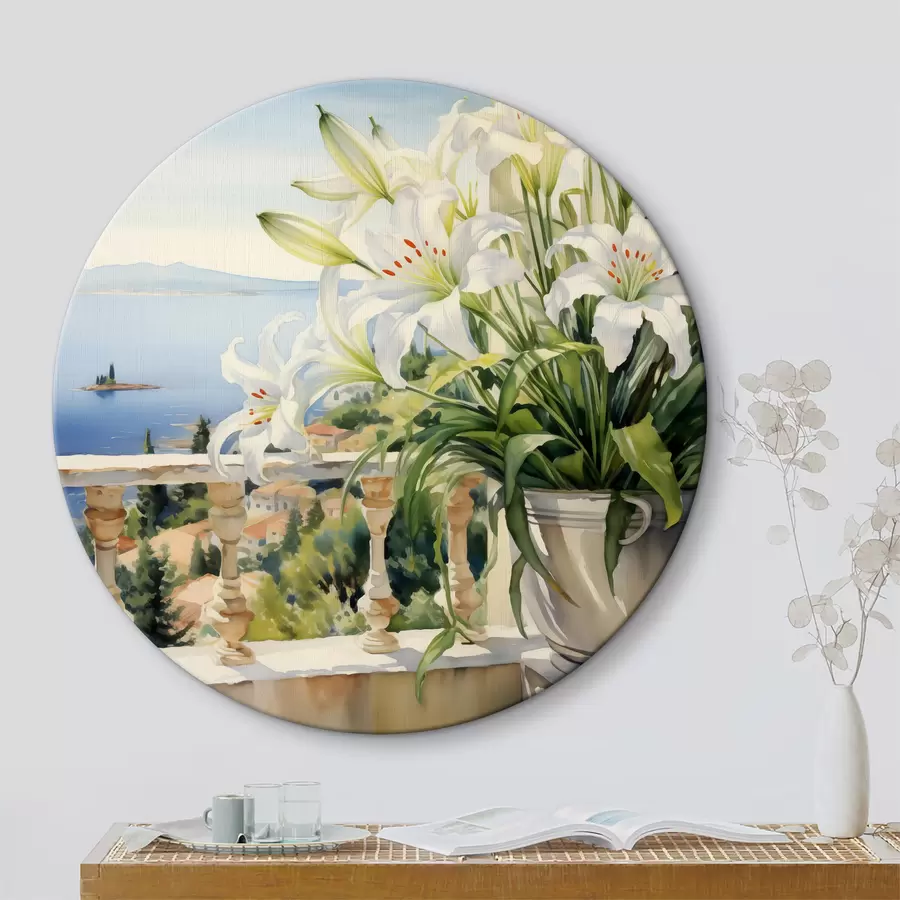  Peintures Lys blancs dans un pot sur un balcon sur fond d'aquarelle de la baie r39932