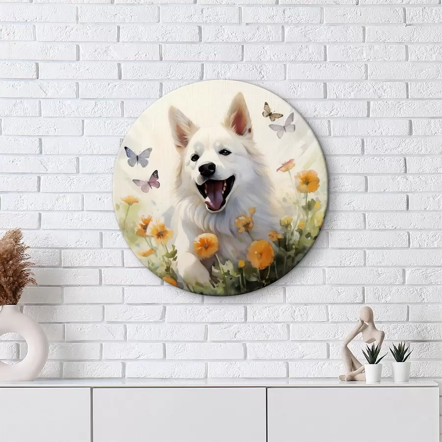  Schilderijen Witte hond zit in bloemen, vlinders vliegen aquarel r39936